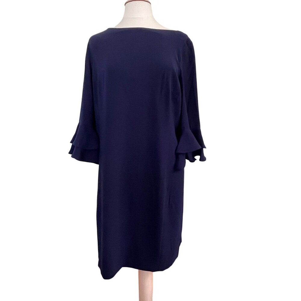 Lauren Ralph Lauren Navy Blue Ruffled Bell‎ Sleeve Sheath Dress Career Size 16